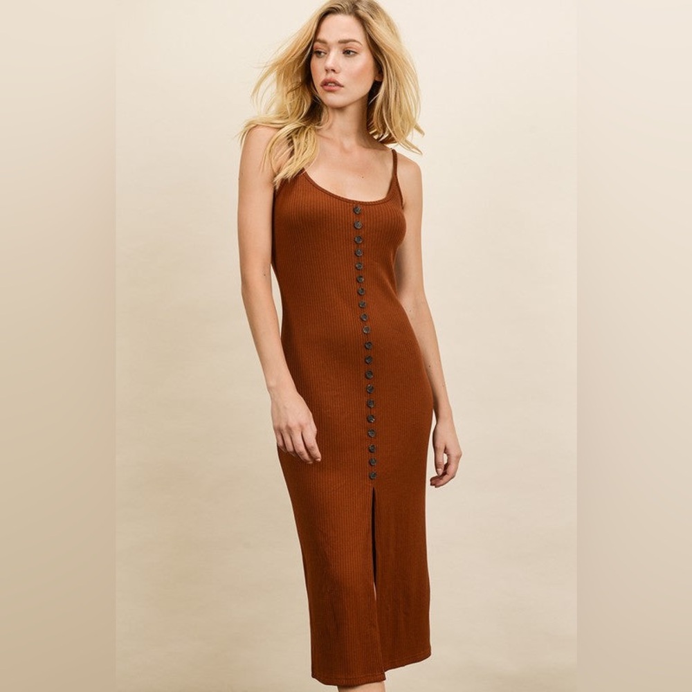 Dress Forum Brown Midi Dress with Button Detail
